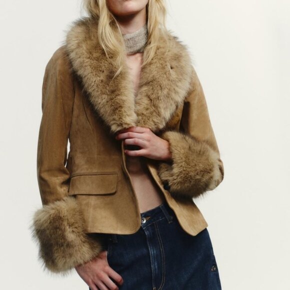 Zara Tailored Suede Leather Blazer with Faux Fur 4341/811/711 - Picture 2 of 6